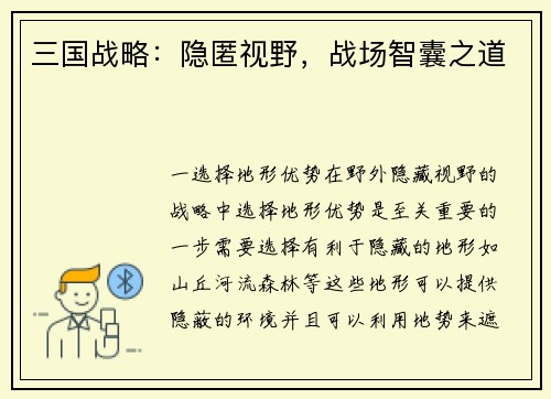 三国战略：隐匿视野，战场智囊之道